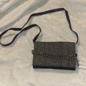 Express Black & White Herringbone Crossbody with Chain Accent